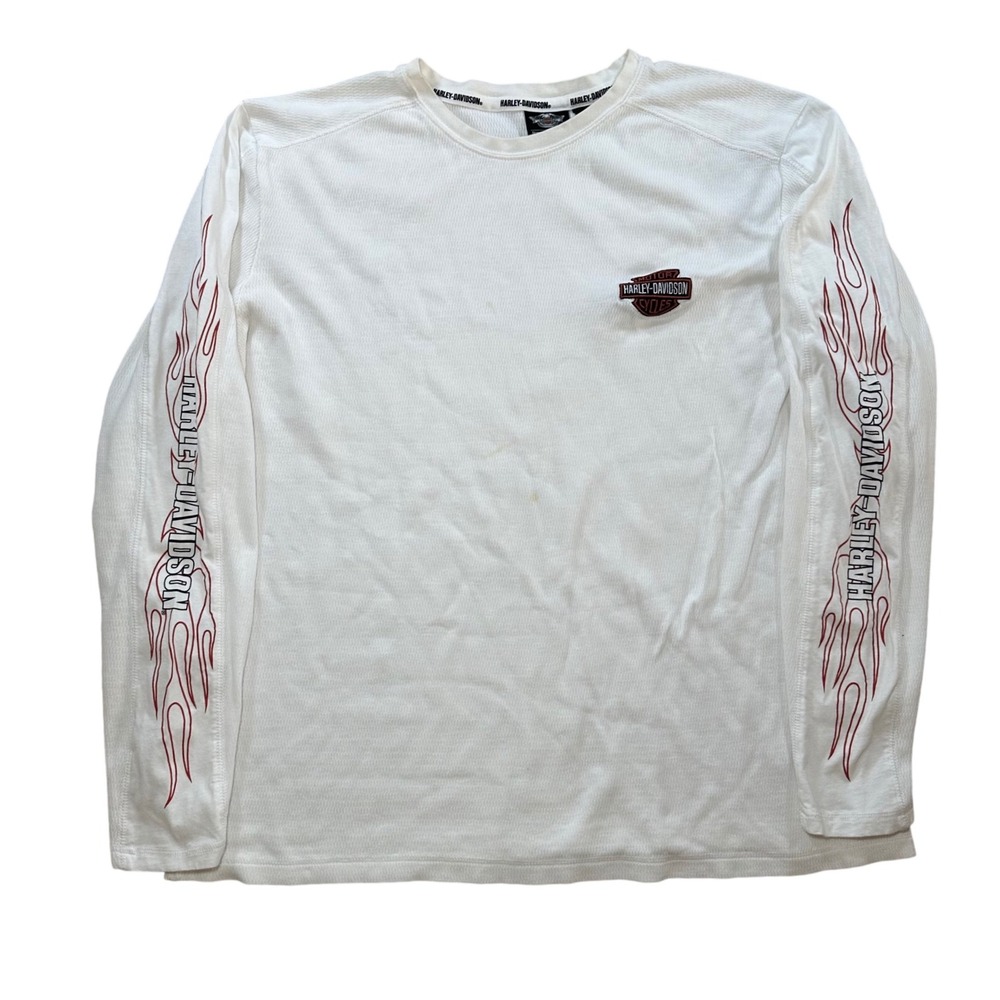 Vintage Harley Davidson Mens 2XL Long Sleeve Flames Graphic T Shirt White Tribal
